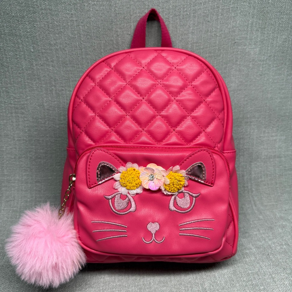 Pink Cat Mini Backpack Quilted Faux Leather Pom Pom Flower Crown Kids School Bag
